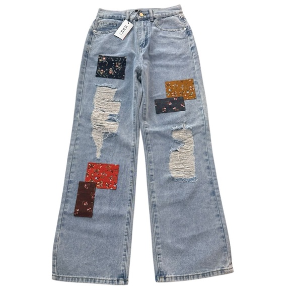 CIDER BNWT Distressed Patchwork Jeans Floral Ripped Boho Cottagecore Hippie Y2K - Picture 3 of 7